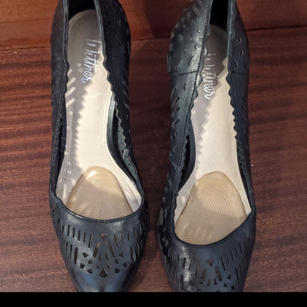 Leather Wittner 4" block heel Pumps lace cut edge, comfortable, worn one event.